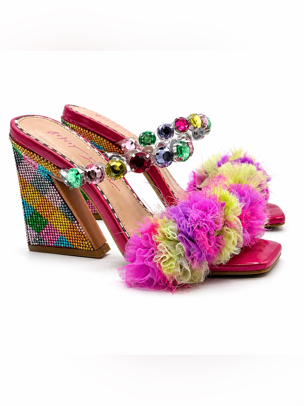Betsey Johnson Attica Rhinestone Pink Embellished Sandals Pom Pom Statement Mule - Picture 3 of 17